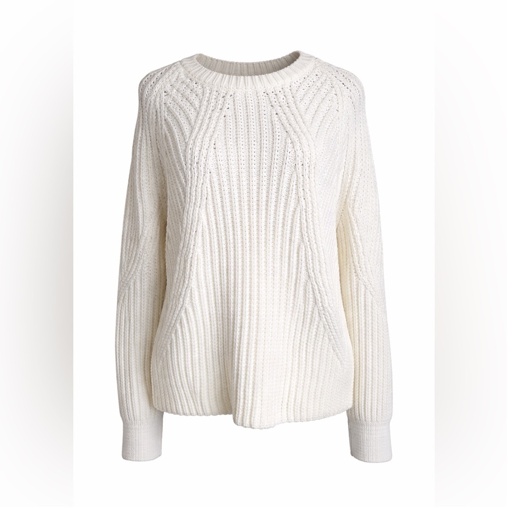 VINCE Chunky Knit Sweater Ivory Cotton Blend Ribbed Crewneck Quiet Luxury-Small